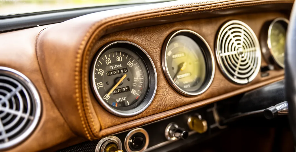 Compteur kilométrique d'une voiture de collection affichant un faible kilométrage