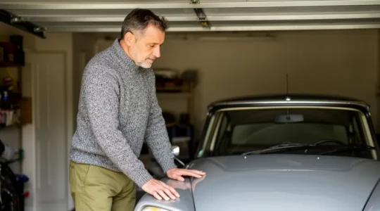 Passionné automobile contemplant sa voiture de collection dans un garage personnel